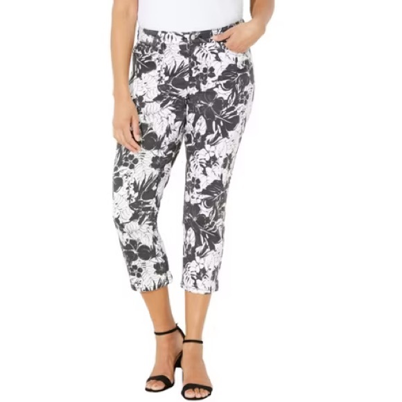 cathrines Pants - Cathrines Secret Slimmer Capri Black Tropical Foliage 20W